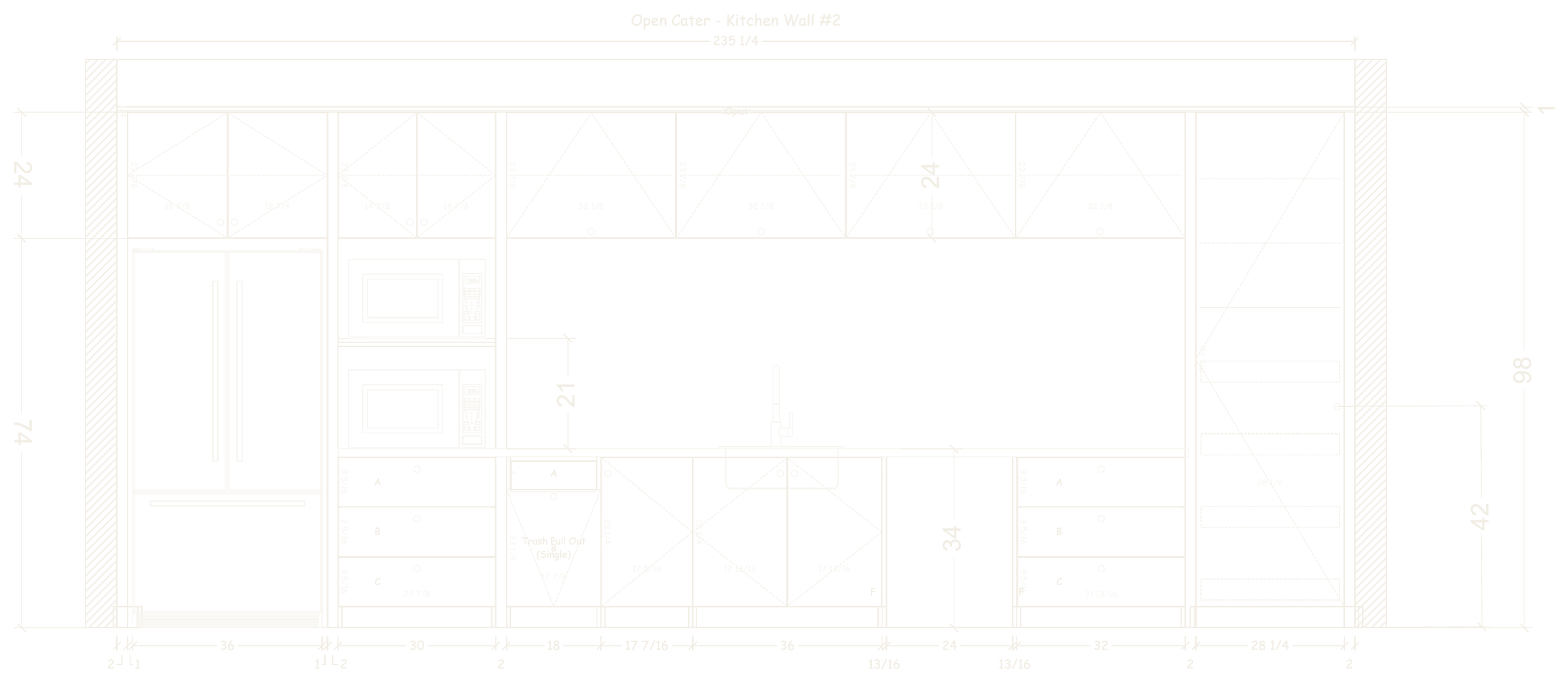 Break room elevation with refrigerator, stacked microwaves, sink base, drawer stacks and a tall pantry
