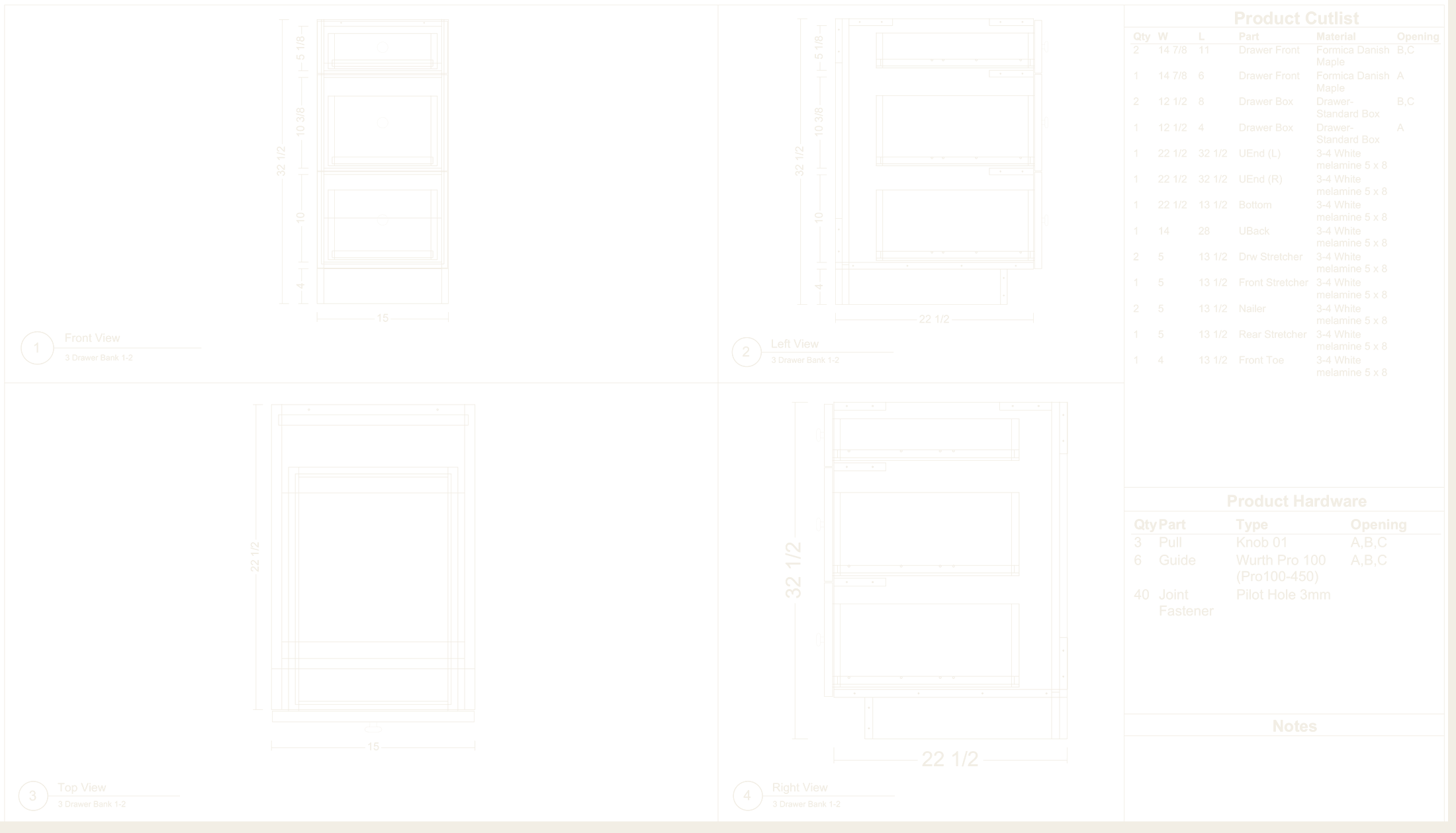 Assembly sheet for a three-drawer bank in four views with its cut list and hardware